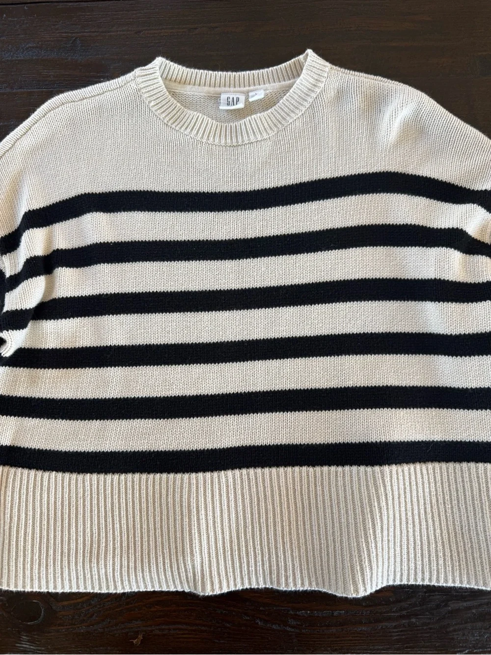 GAP Cream and Black Striped Crewneck Sweater
